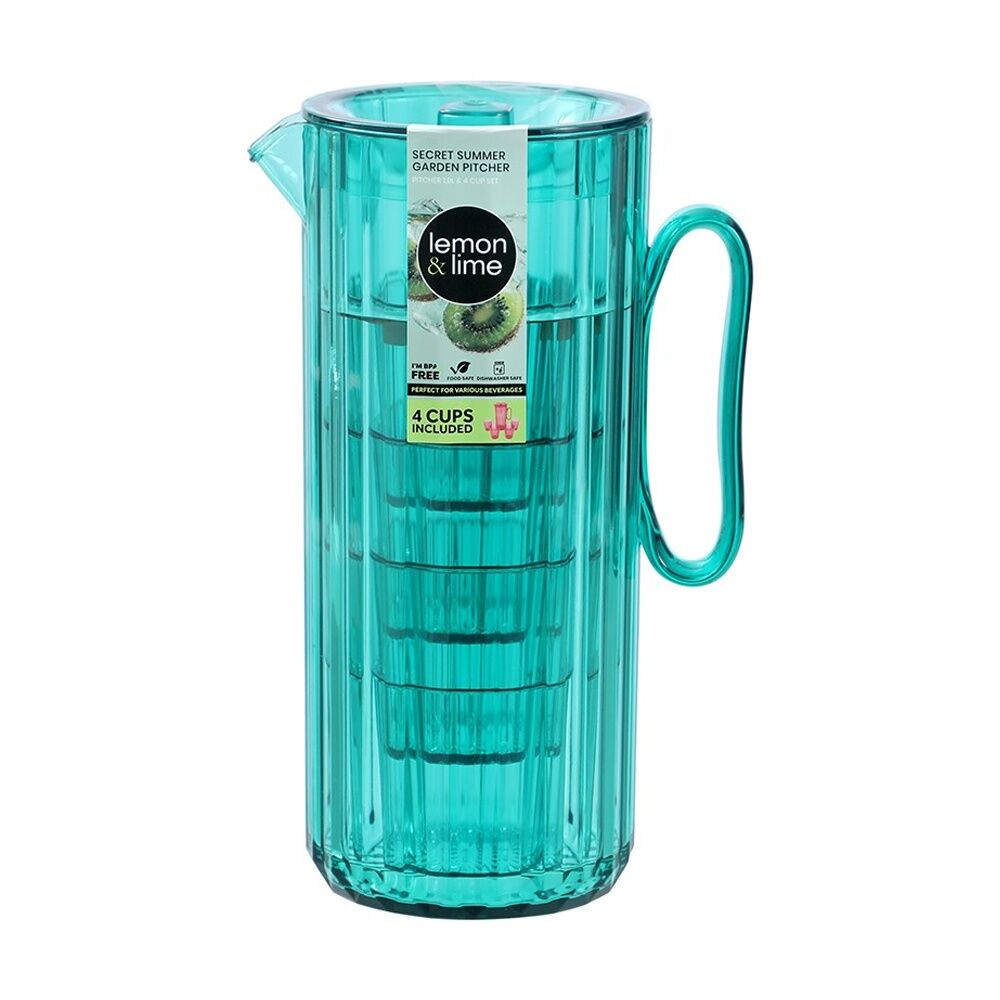 3x Lemon And Lime Secret Summer Garden Pitcher W/ 4 Cup Jug Set 1.9L/370ml Assorted
