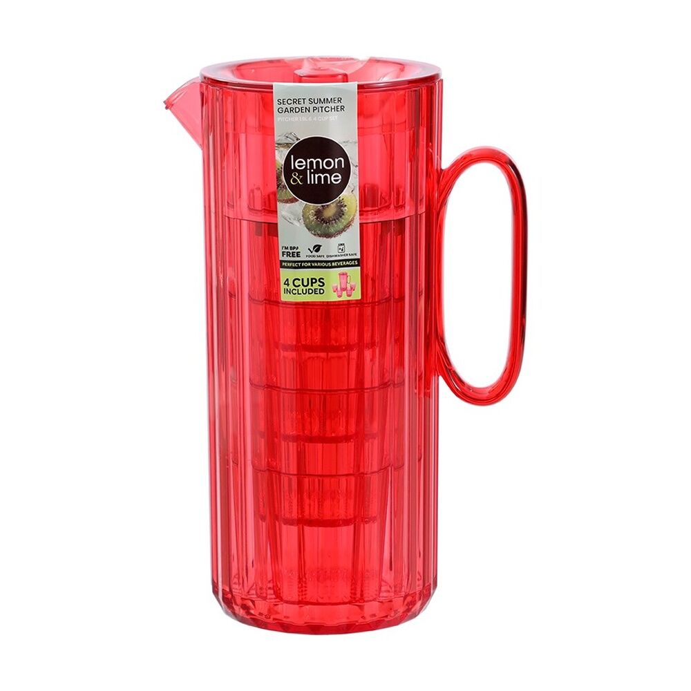 3x Lemon And Lime Secret Summer Garden Pitcher W/ 4 Cup Jug Set 1.9L/370ml Assorted