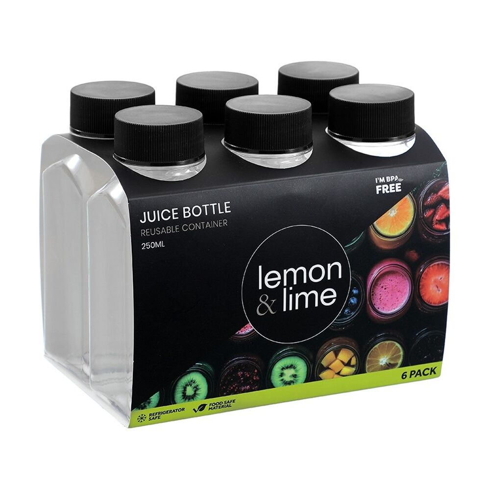 12x 6pc Lemon And Lime Reusable Clear Refrigerator Juice Drink Bottle Set 250ml