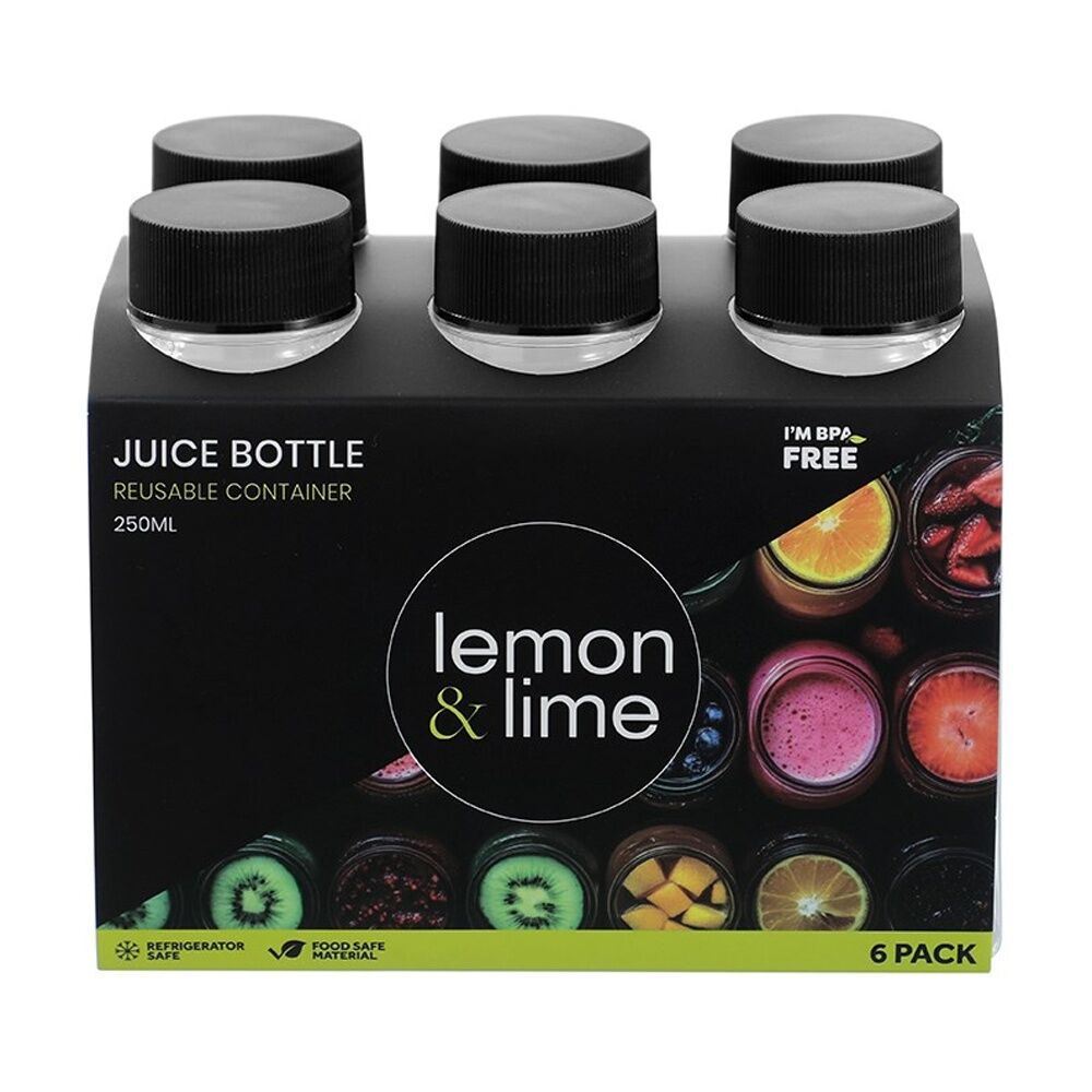 12x 6pc Lemon And Lime Reusable Clear Refrigerator Juice Drink Bottle Set 250ml