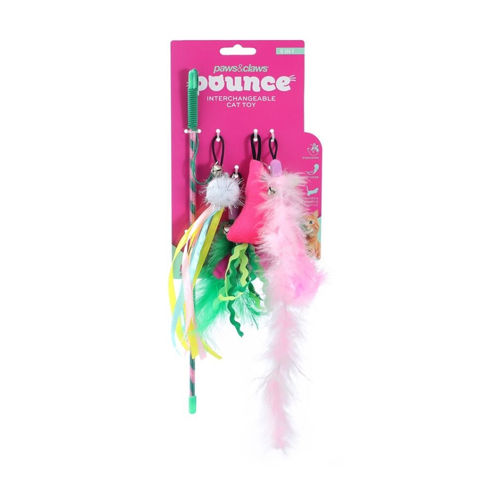 12PK Paws And Claws Pounce Pet Cat Dangler Toy 5 In 1 Assorted 43cm