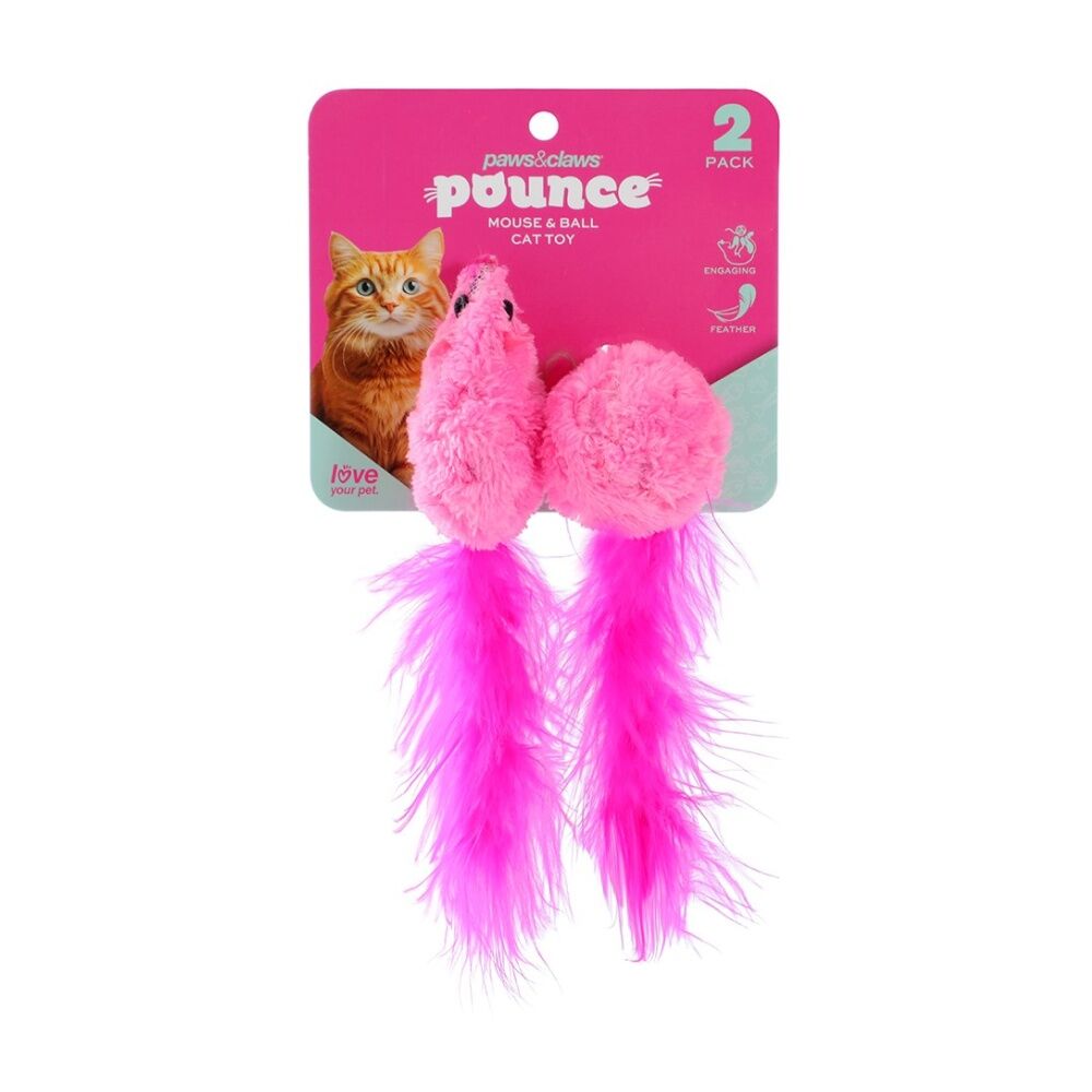 12x 2pc Paws And Claws Mouse & Ball Feather Cat Batting/Pouncing Toy Set Assorted