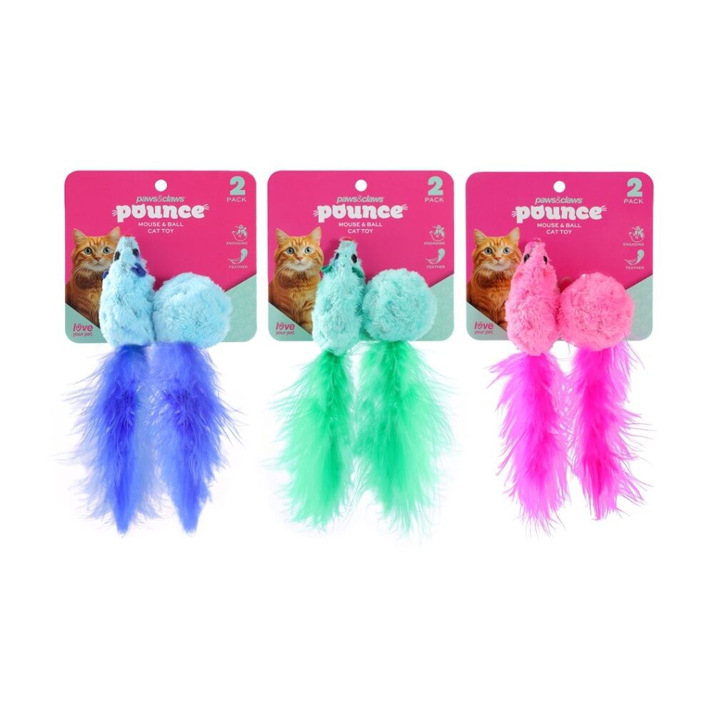 6x 2pc Paws And Claws Mouse & Ball Feather Cat Batting/Pouncing Toy Set Assorted