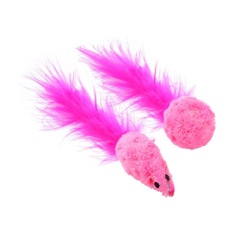6x 2pc Paws And Claws Mouse & Ball Feather Cat Batting/Pouncing Toy Set Assorted