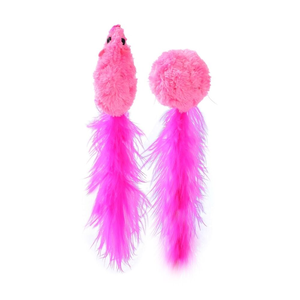 6x 2pc Paws And Claws Mouse & Ball Feather Cat Batting/Pouncing Toy Set Assorted