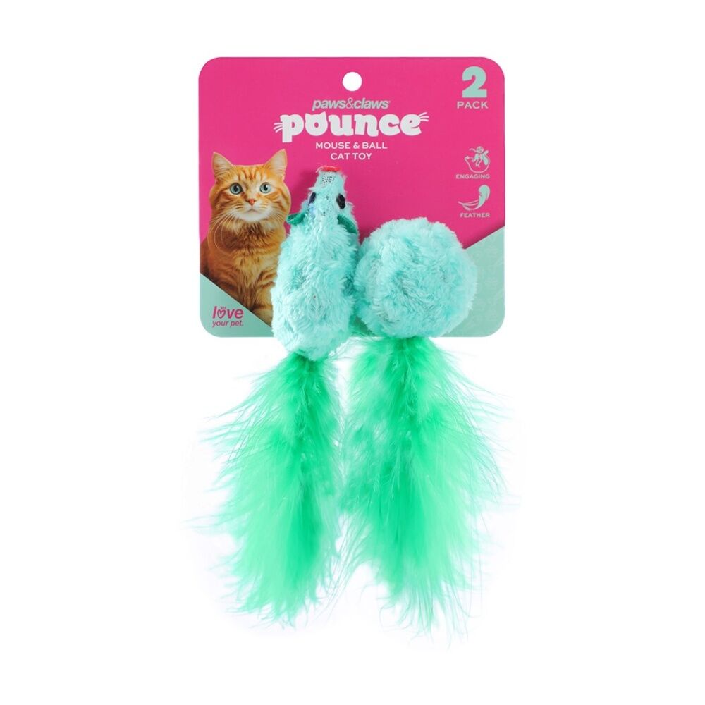 6x 2pc Paws And Claws Mouse & Ball Feather Cat Batting/Pouncing Toy Set Assorted