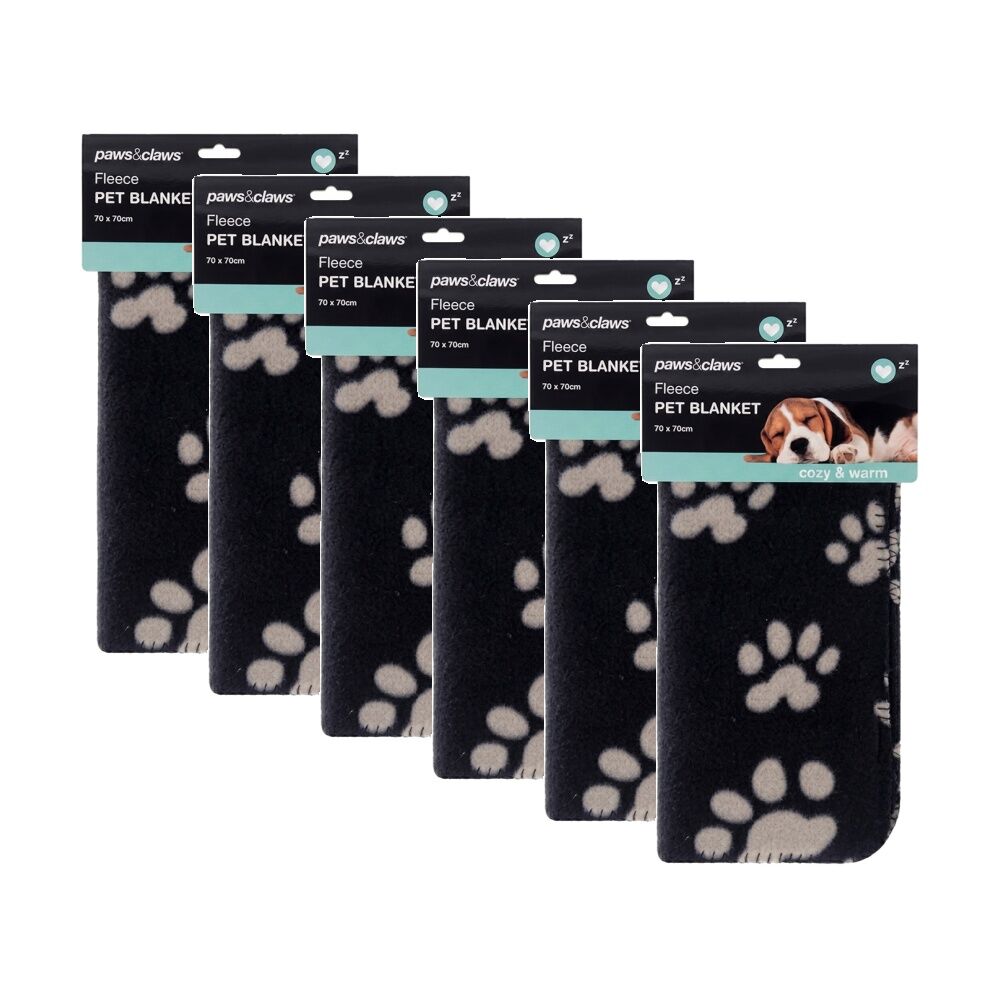 6PK Paws And Claws Fleece Pet Paw & Panel Print Blanket 70x70cm Assorted