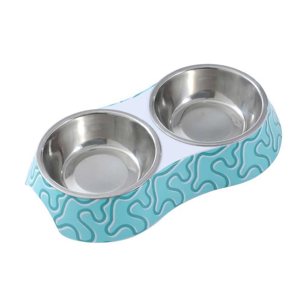 4PK Paws And Claws Double Pet Cat Dog Bowl Melamine Steel Assorted 23.5x14x4cm