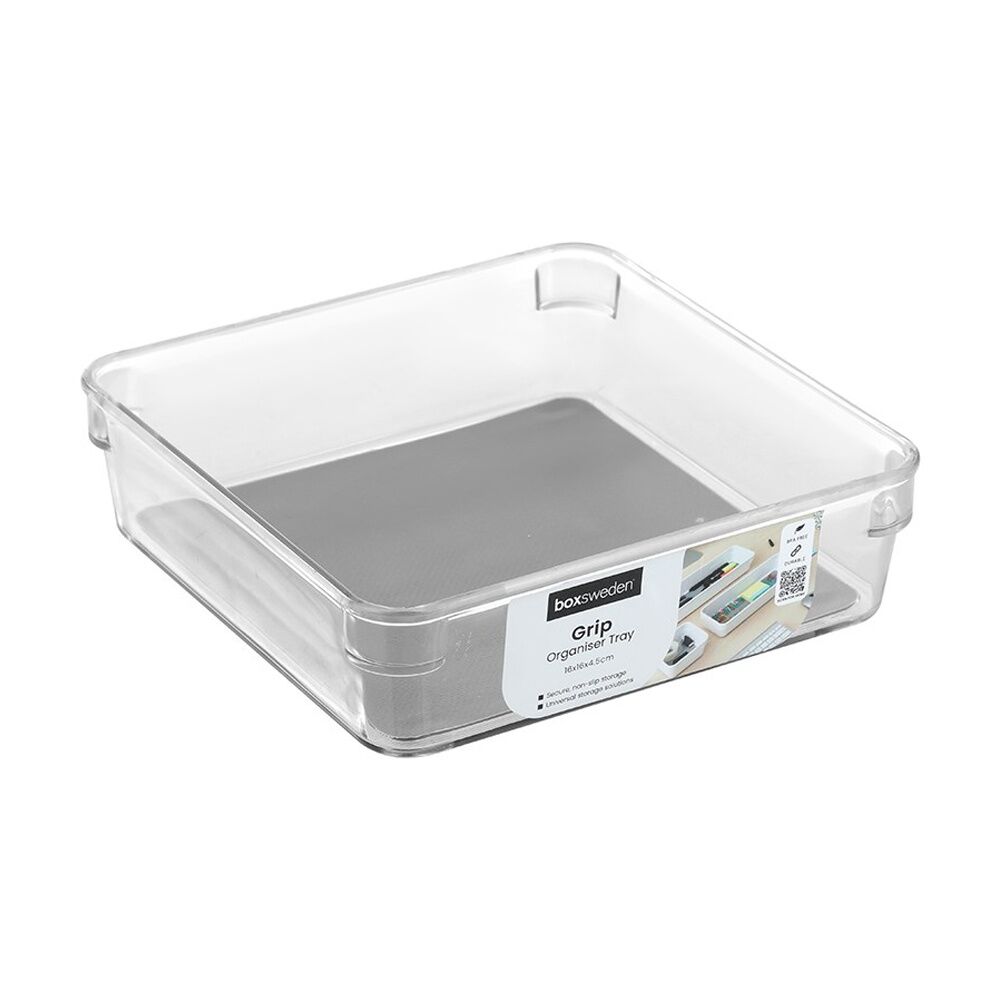 12x Boxsweden Crystal Grip Organiser Tray Modular Stackable Storage 16x16x4.5cm