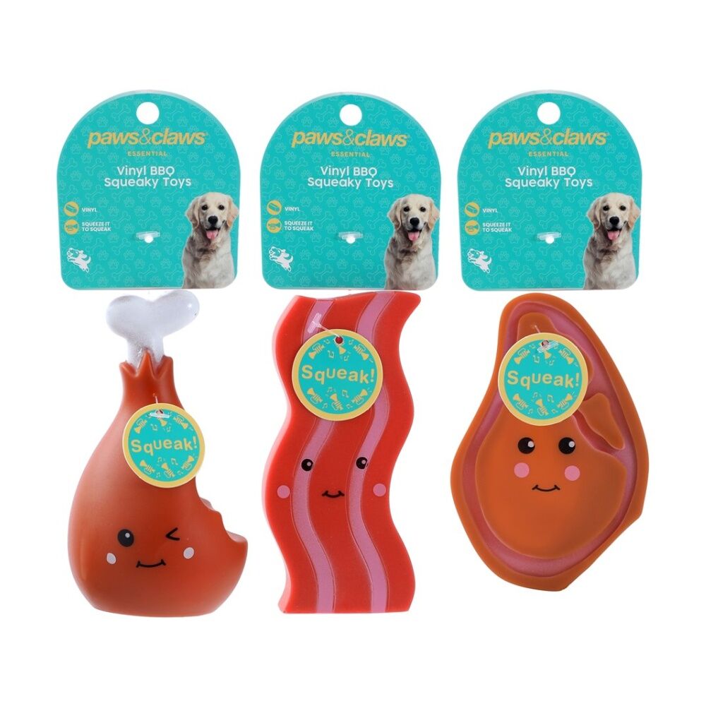 12x Paws And Claws Vinyl Meat Squeaky Dog Interactive Play Chew Toy Assorted