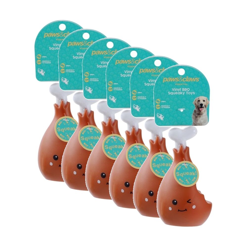 6x Paws And Claws Vinyl Meat Squeaky Dog Interactive Play Chew Toy Assorted