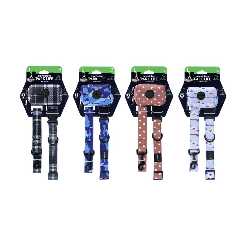 3x 3pc Paws And Claws Pet Dog Cat Park Life Lead Collar Waste Bag Holder