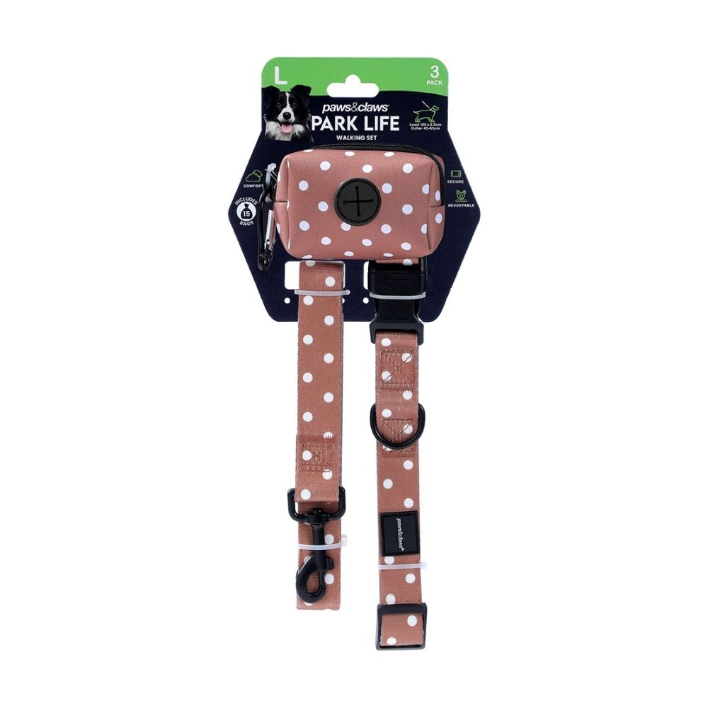 3x 3pc Paws And Claws Pet Dog Cat Park Life Lead Collar Waste Bag Holder