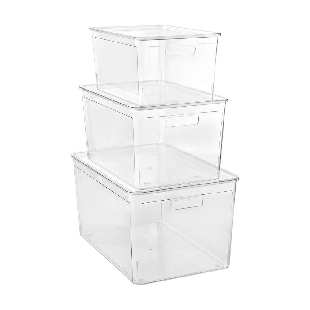 4x Boxsweden Crystal Stackable Lidded Organisation Storage Box/Container Clear 35L