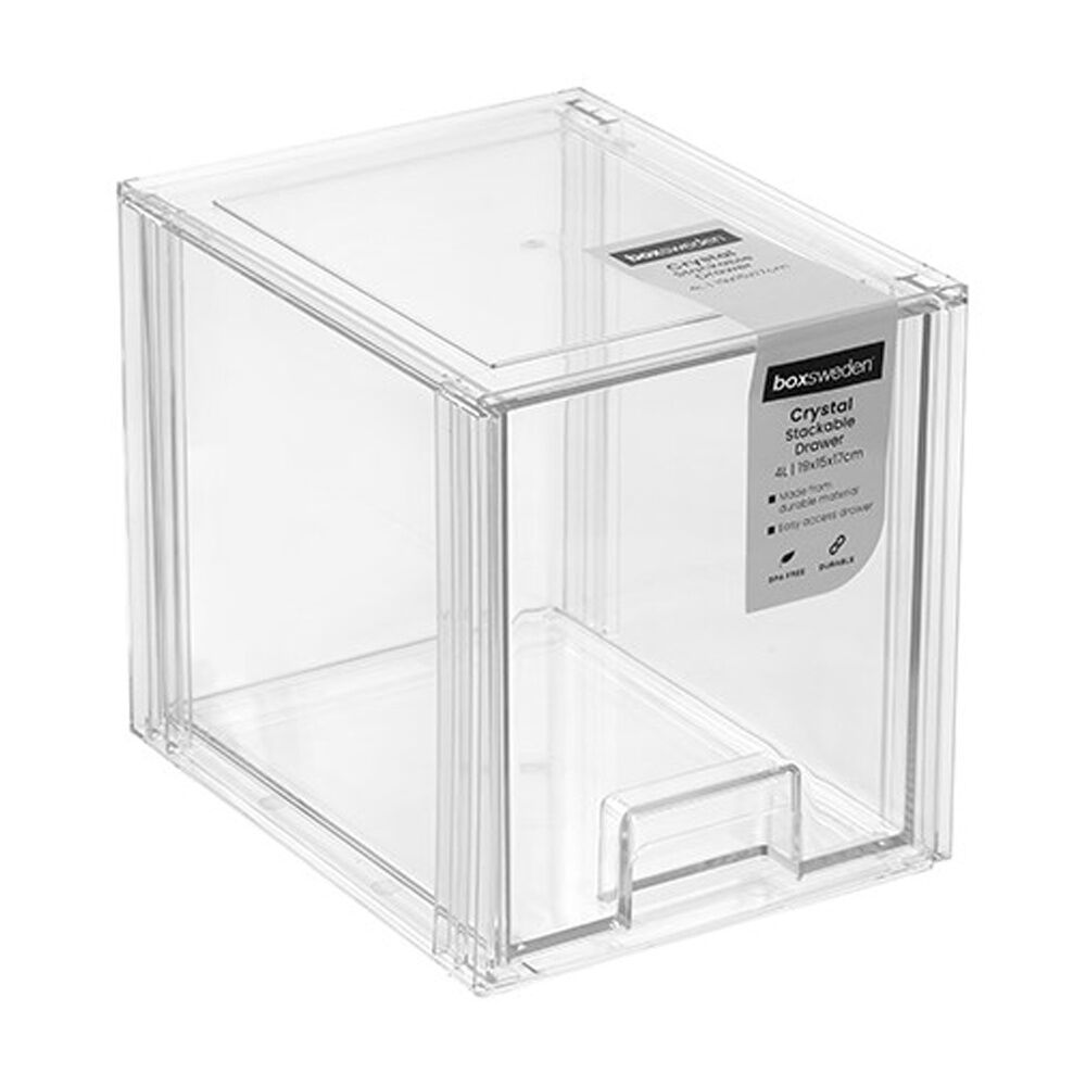3x Boxsweden Crystal Stackable Drawer Organisation Storage Container Clear 4L