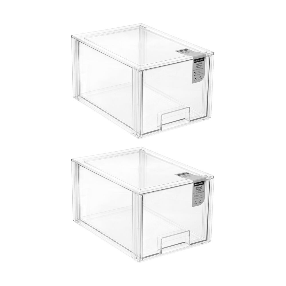 2x Boxsweden Crystal Stackable Drawer Organisation Storage Container Clear 16L