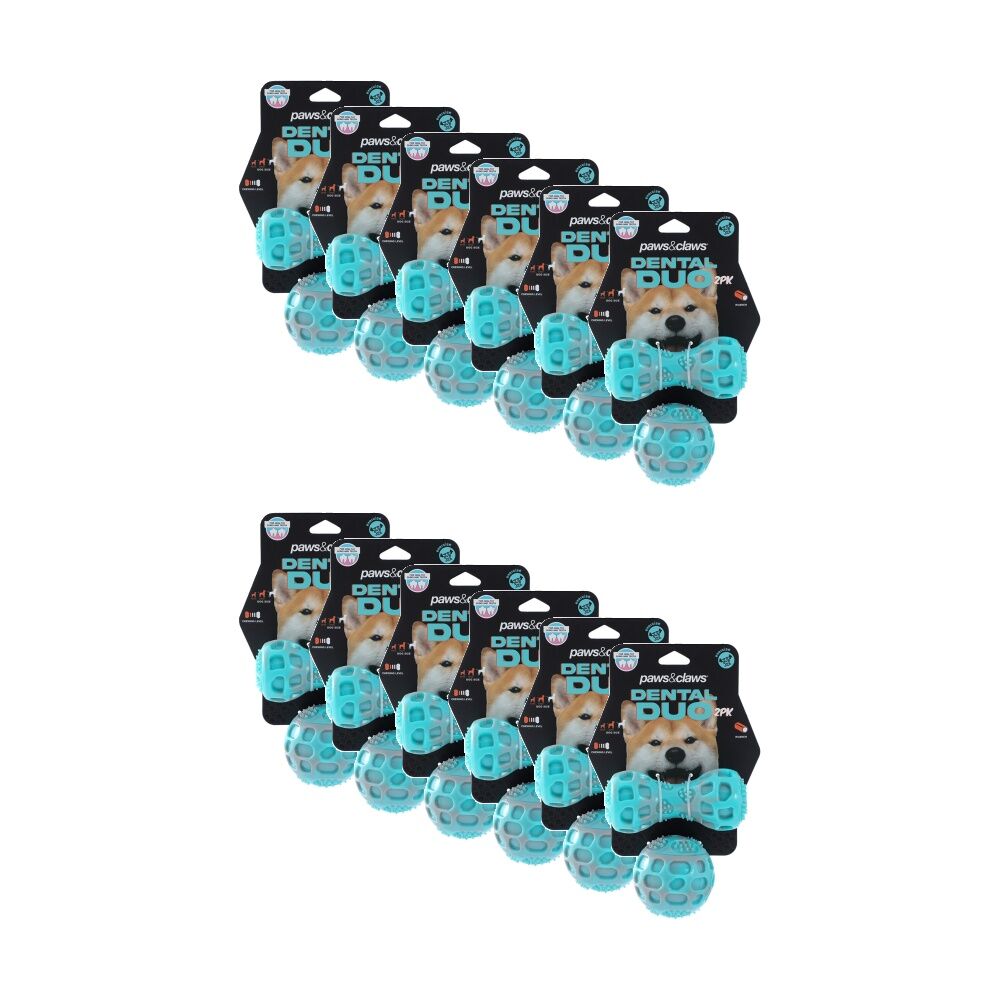 12PK Paws And Claws Pet Dog Toy Dental Duo TPR Ball Baton Asst 13x5x5cm 7x7cm