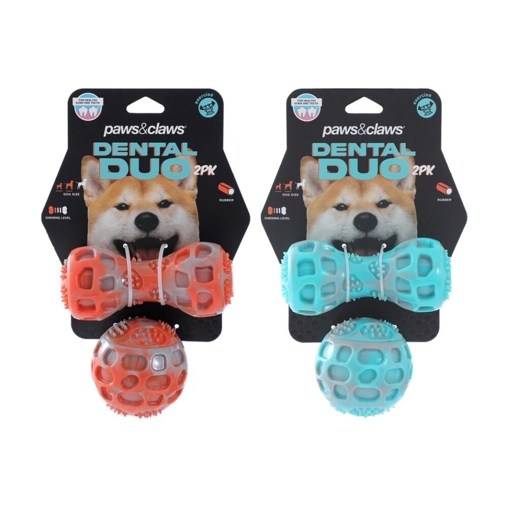 12PK Paws And Claws Pet Dog Toy Dental Duo TPR Ball Baton Asst 13x5x5cm 7x7cm