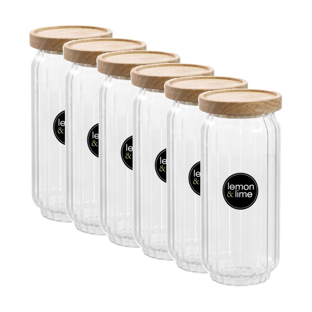 6PK Lemon And Lime Woodend Ribbed Glass Jar Reusable Food Container 1L