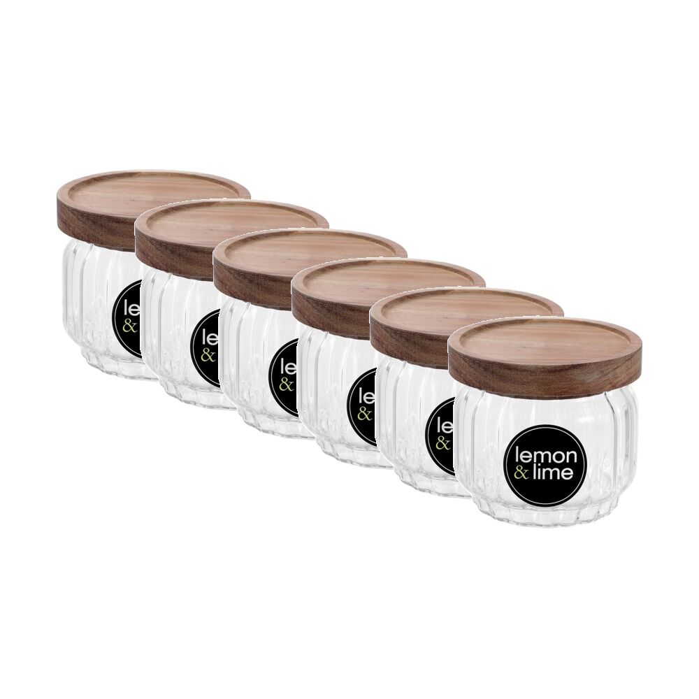 6PK Lemon And Lime Woodend Acacia Glass Jar Reusable Food Container 350ml