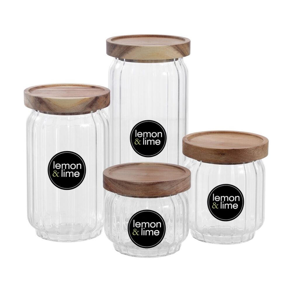 6PK Lemon And Lime Woodend Acacia Glass Jar Reusable Food Container 500ml