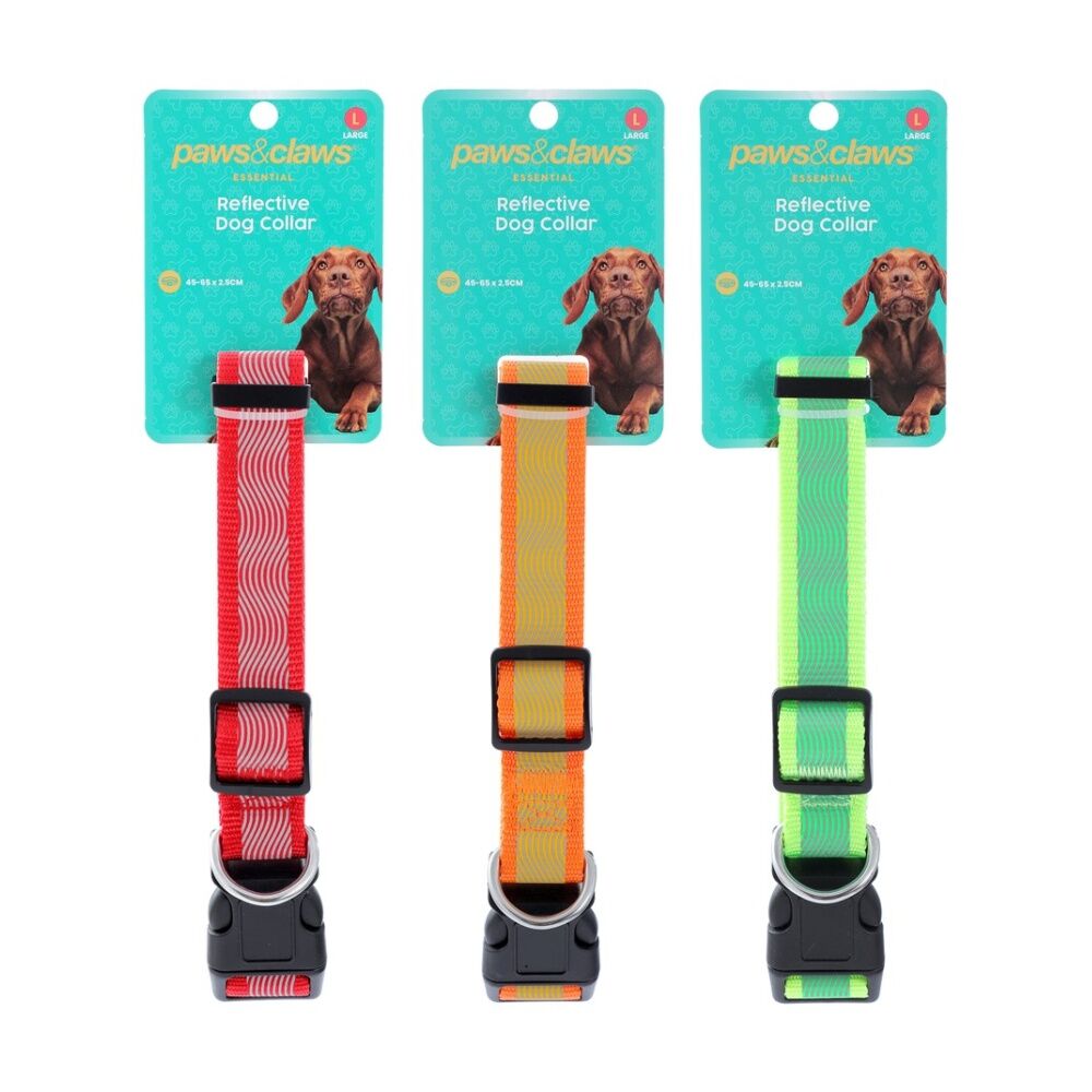 6PK Paws And Claws Reflective Pet Dog Collar Assorted Large 45-65cmx2.5cm