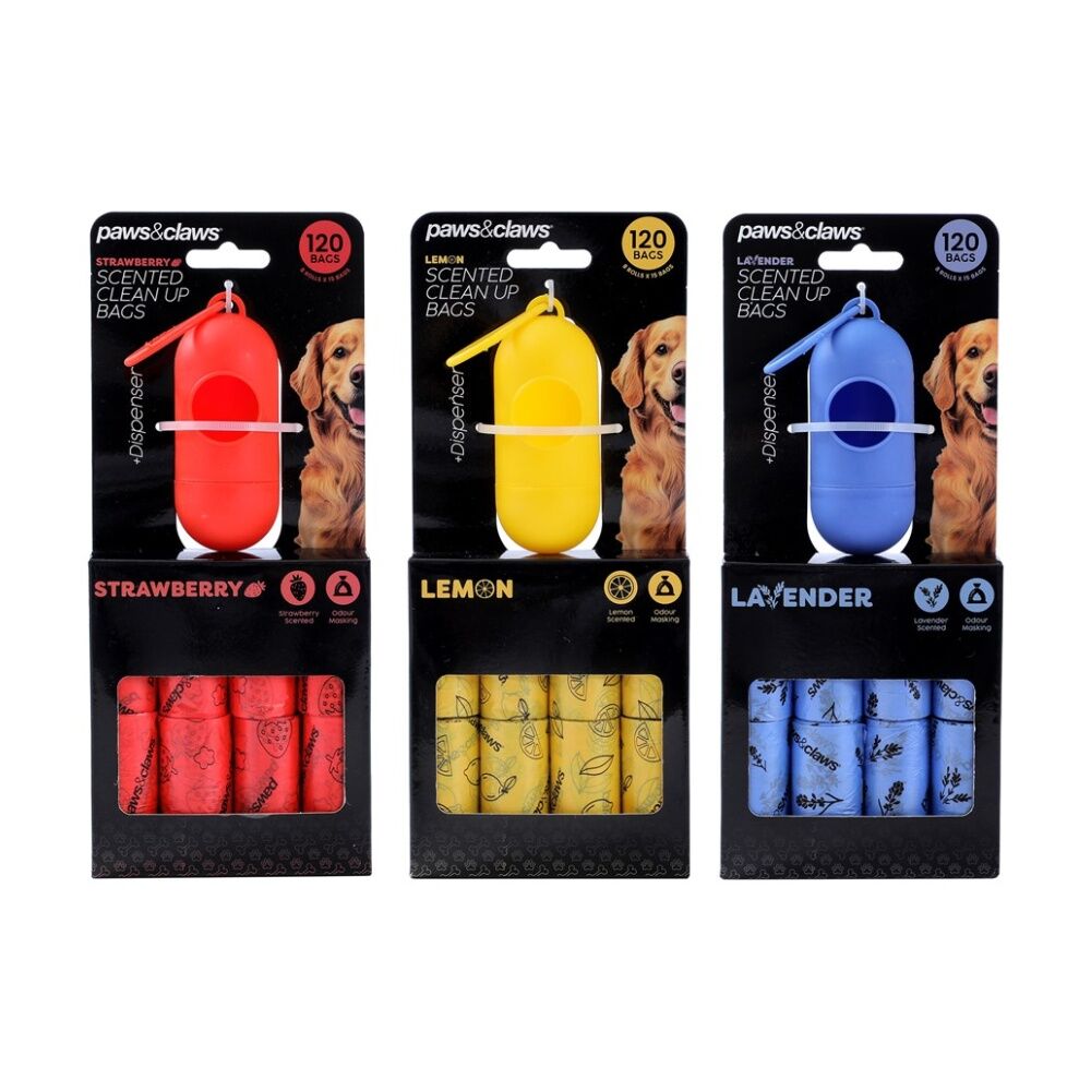3x 120pc Paws And Claws Scented Poop Bags With Dispenser Assorted