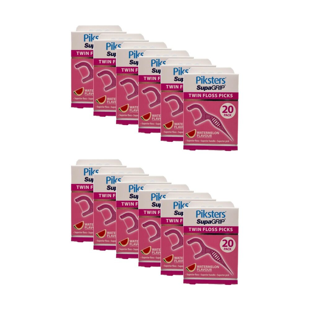 12x 20pc Piksters Twin Floss Picks Supa Grip Dental Oral Care Watermelon Flavour