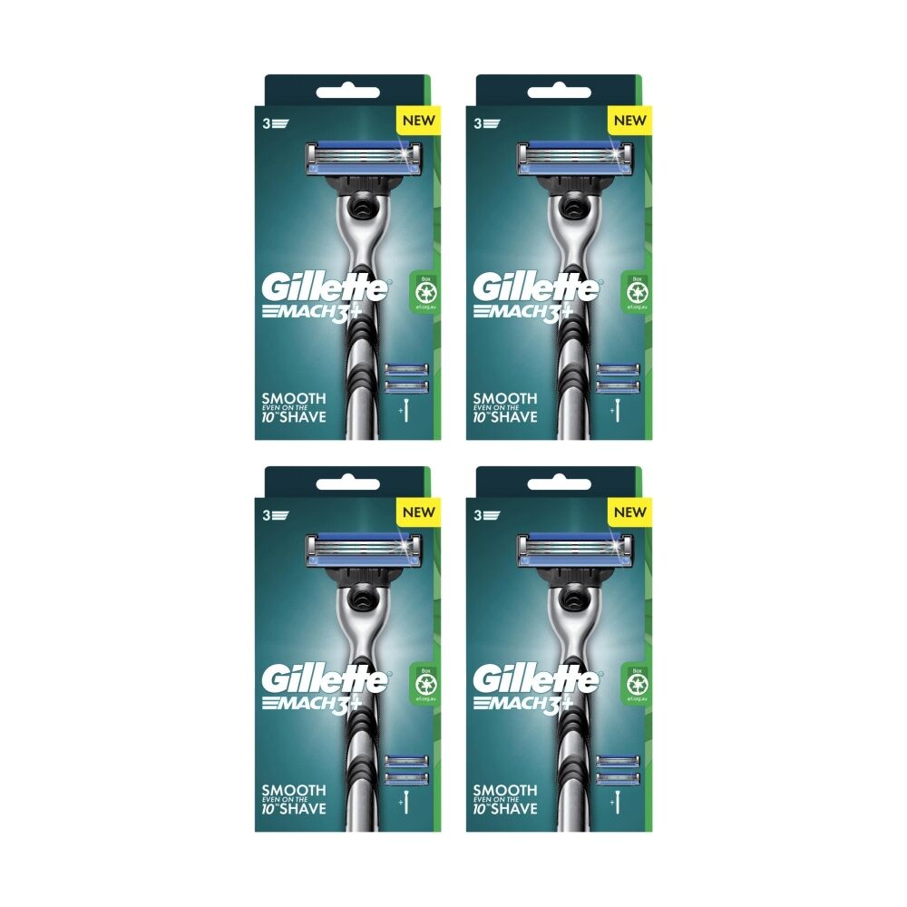 4PK Gillette Razor Mach 3+ Starter Kit W/ 3 Blades, 1 Handle & 2 Cartridges