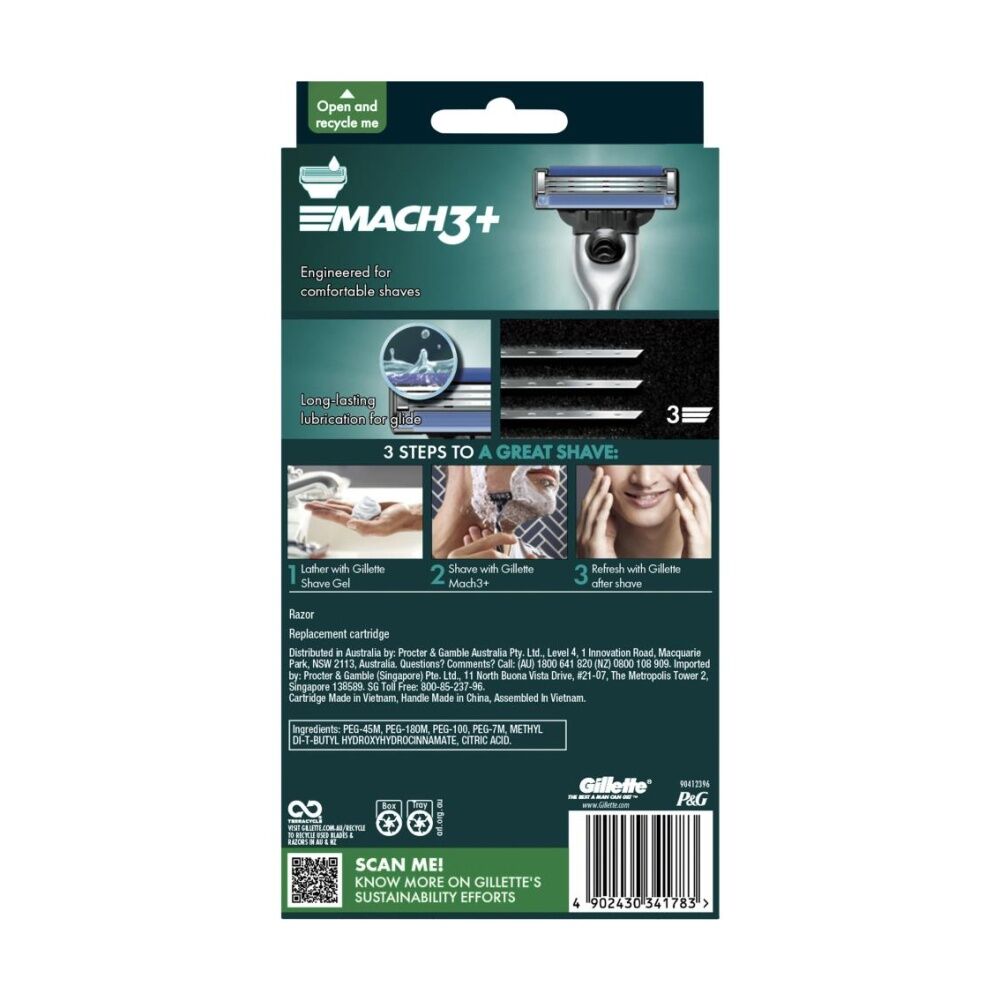 4PK Gillette Razor Mach 3+ Starter Kit W/ 3 Blades, 1 Handle & 2 Cartridges