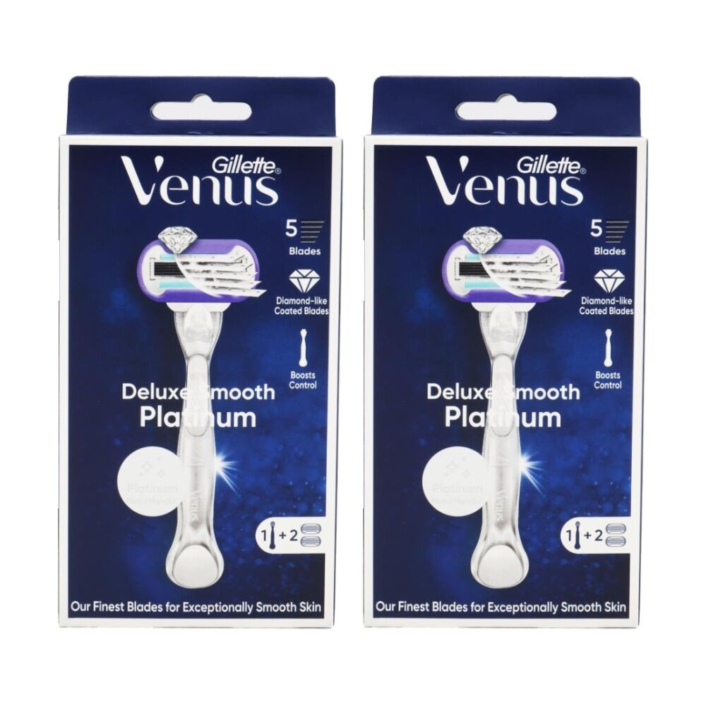 2PK Gillette Razor Venus Deluxe Smooth Platinum With 1 Handle Plus 2 Cartridges