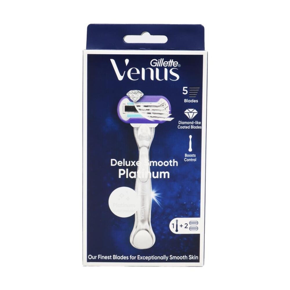 2PK Gillette Razor Venus Deluxe Smooth Platinum With 1 Handle Plus 2 Cartridges