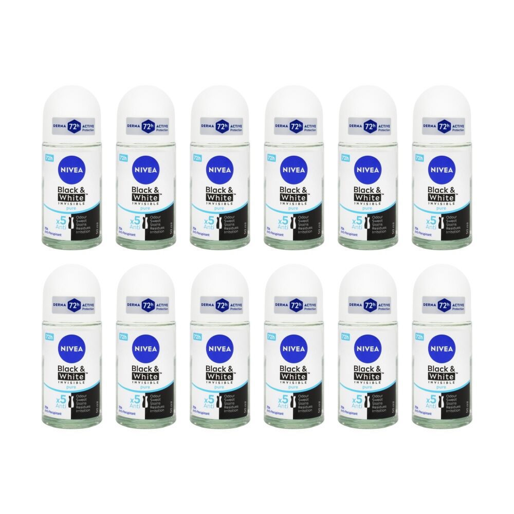 12PK Nivea Antiperspirant Roll On Deodorant Derma 72H Black White Invisible 50ml