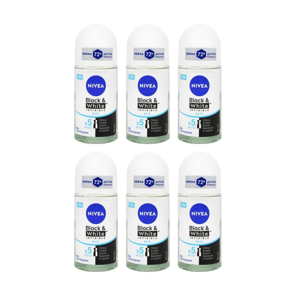 6PK Nivea Antiperspirant Roll On Deodorant Derma 72H Black White Invisible 50ml