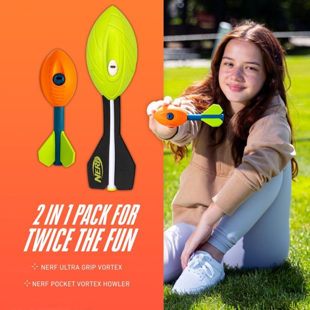 2pc Nerf Vortex Power Pack Foam Footballs With Whistle Sound Yellow/Orange