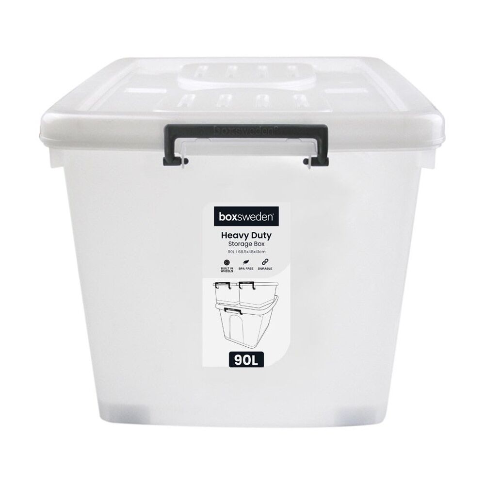 2x Boxsweden Heavy Duty Organisation Storage Box W/ Wheels Clear 90L