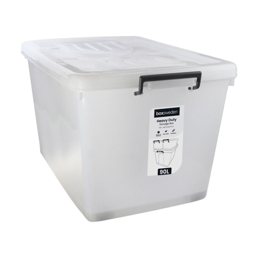 2x Boxsweden Heavy Duty Organisation Storage Box W/ Wheels Clear 90L