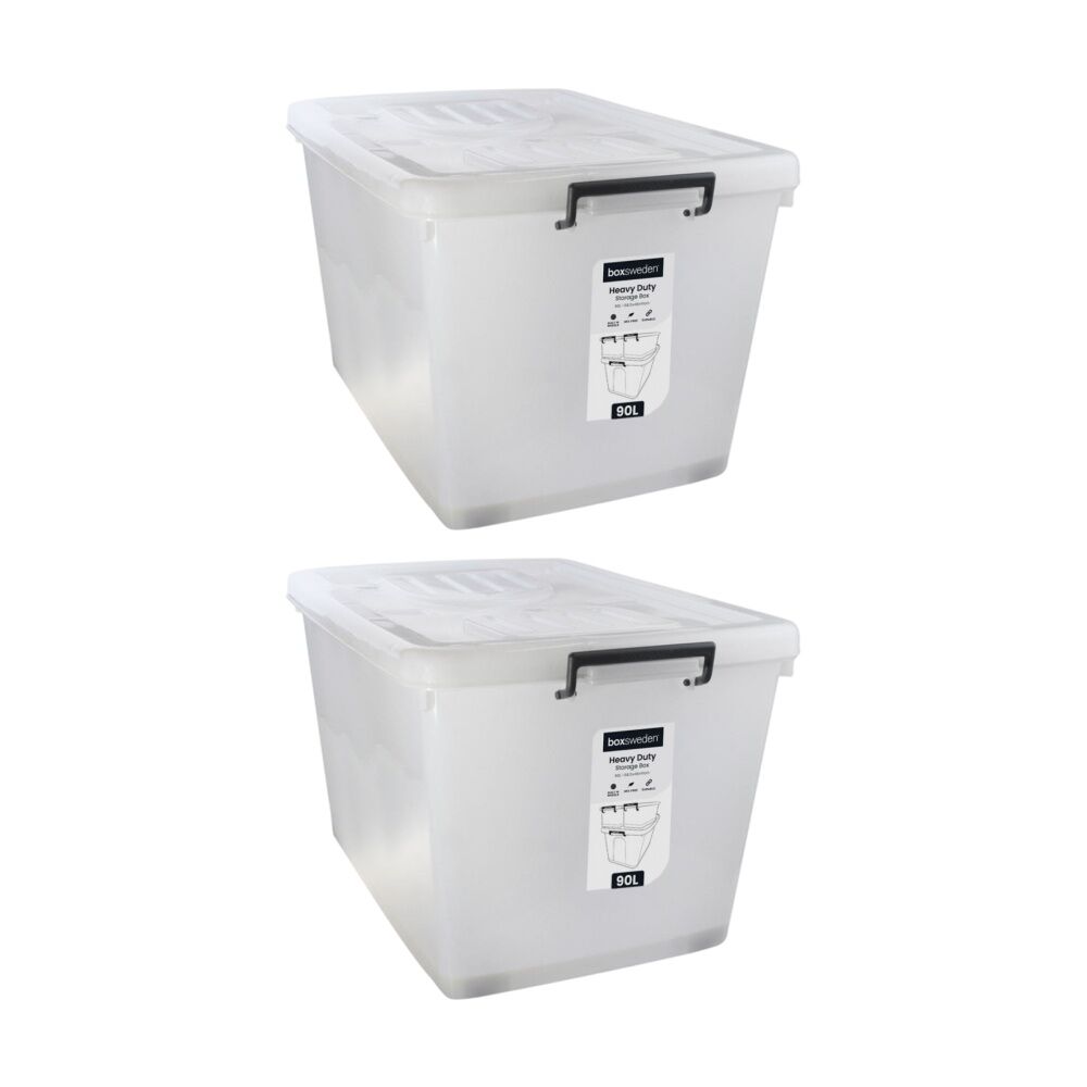 2x Boxsweden Heavy Duty Organisation Storage Box W/ Wheels Clear 90L
