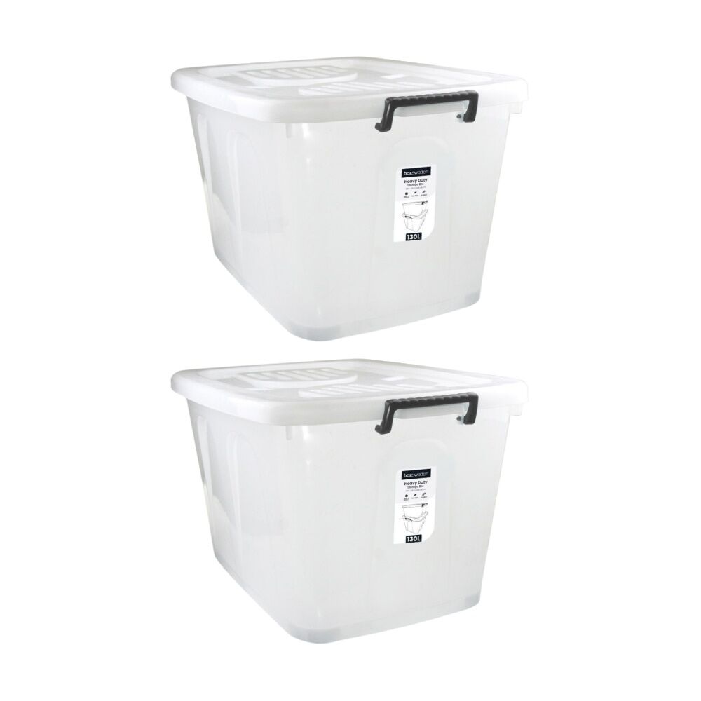 2x Boxsweden Heavy Duty Organisation Storage Box W/ Wheels White 130L