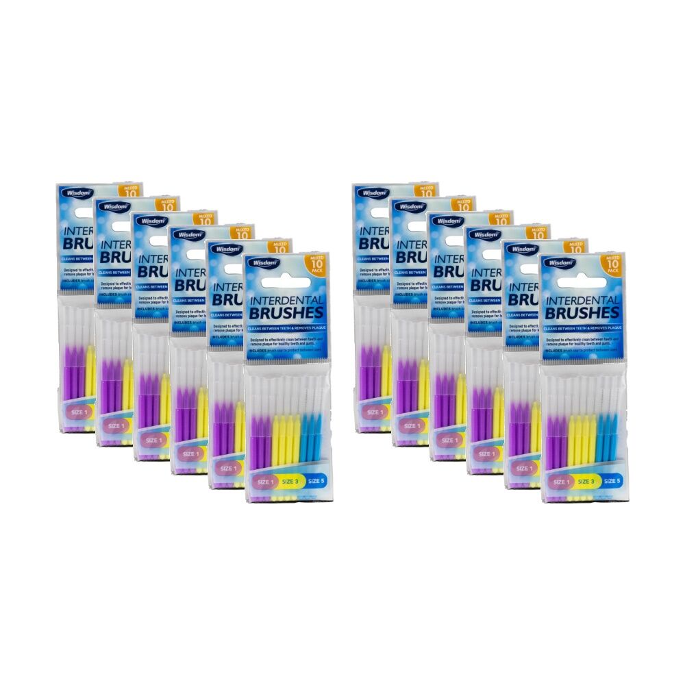 12x 10pc Wisdom Interdental Brushes Teeth Cleaning Assorted Sizes Multi Colour