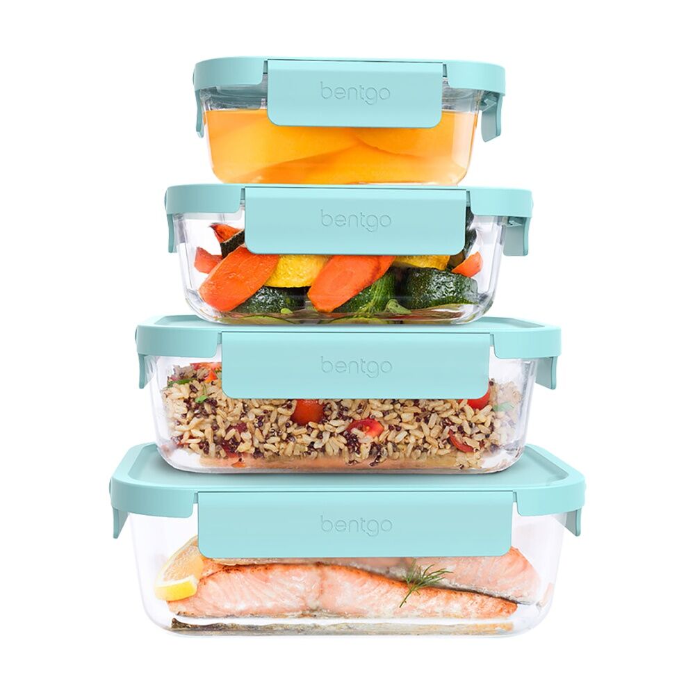 4pc Bentgo Rectangle Leakproof Glass Food Container With Lids Set Soft Aqua
