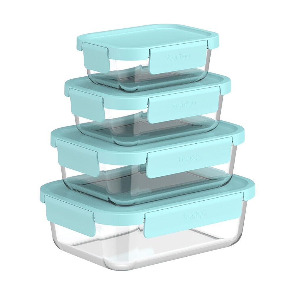 4pc Bentgo Rectangle Leakproof Glass Food Container With Lids Set Soft Aqua