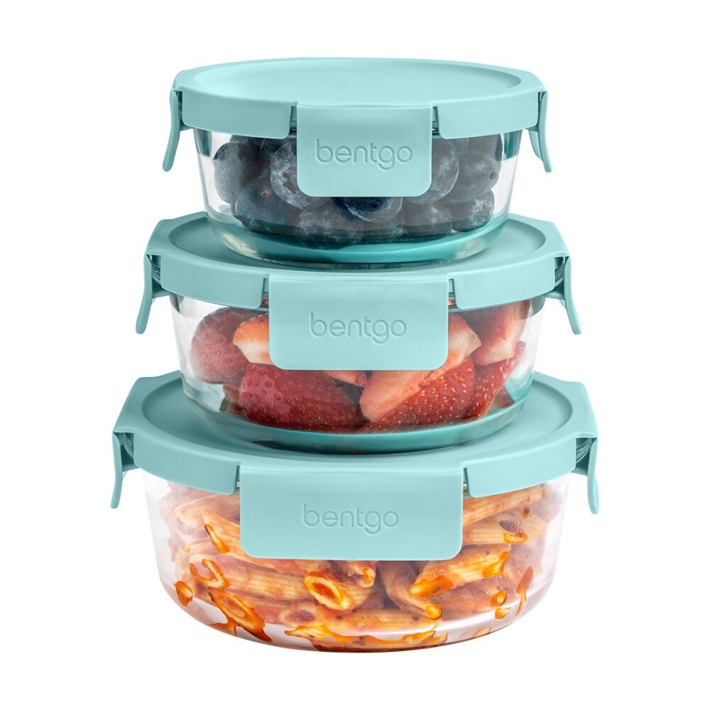 3pc Bentgo Round Leakproof Glass Food Container With Lids Set Soft Aqua
