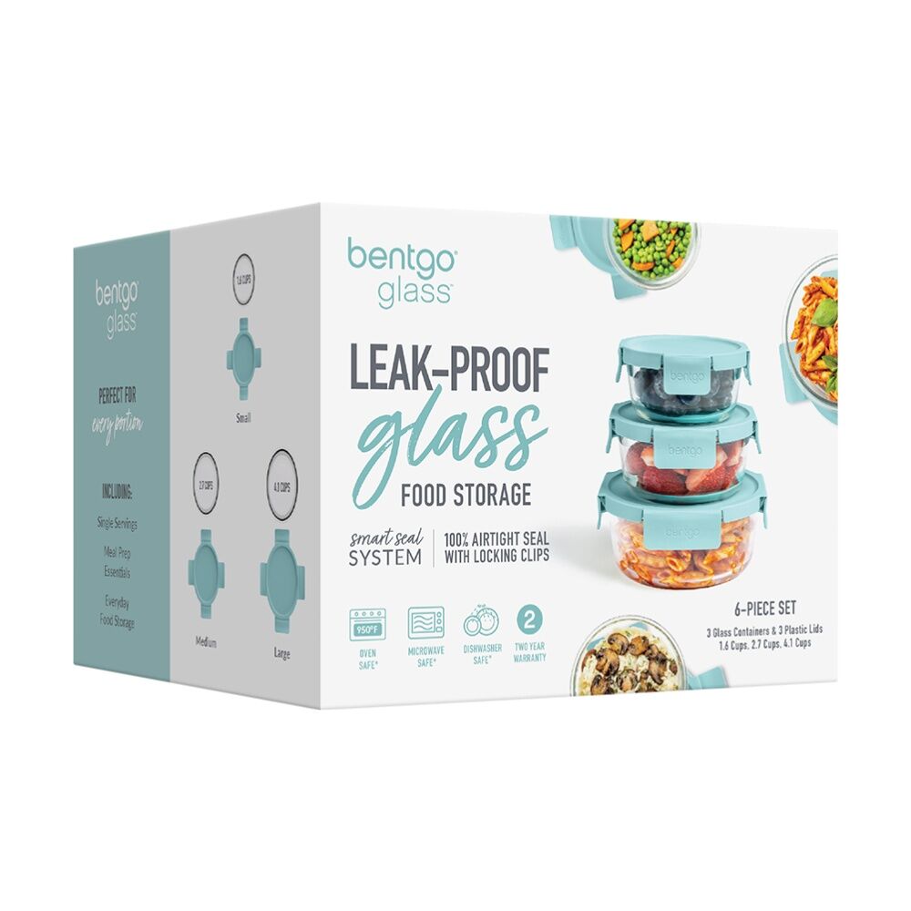 3pc Bentgo Round Leakproof Glass Food Container With Lids Set Soft Aqua