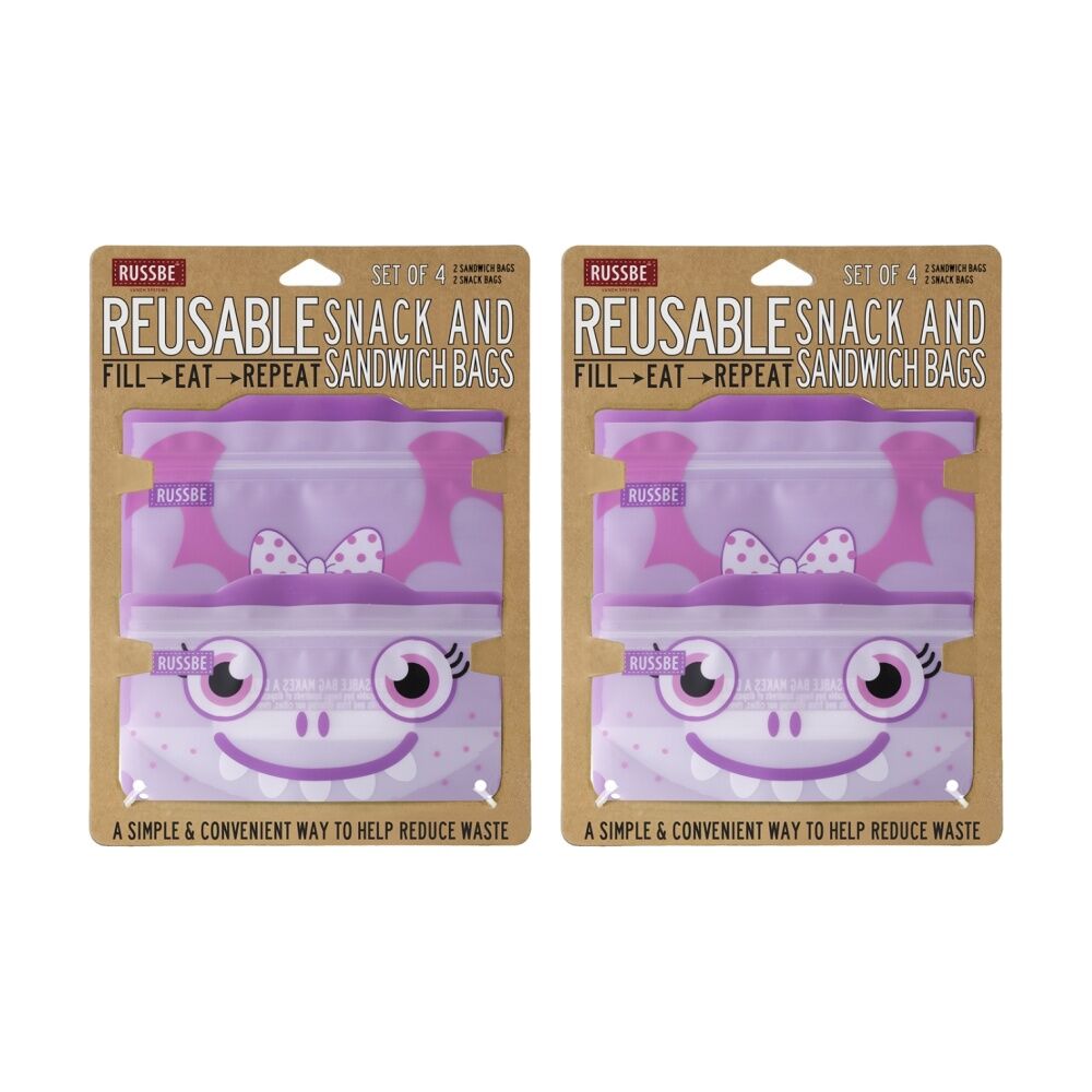 2x 4pc Russbe Reusable Locking Seal Snack Sandwich Bags Set Purple Monster