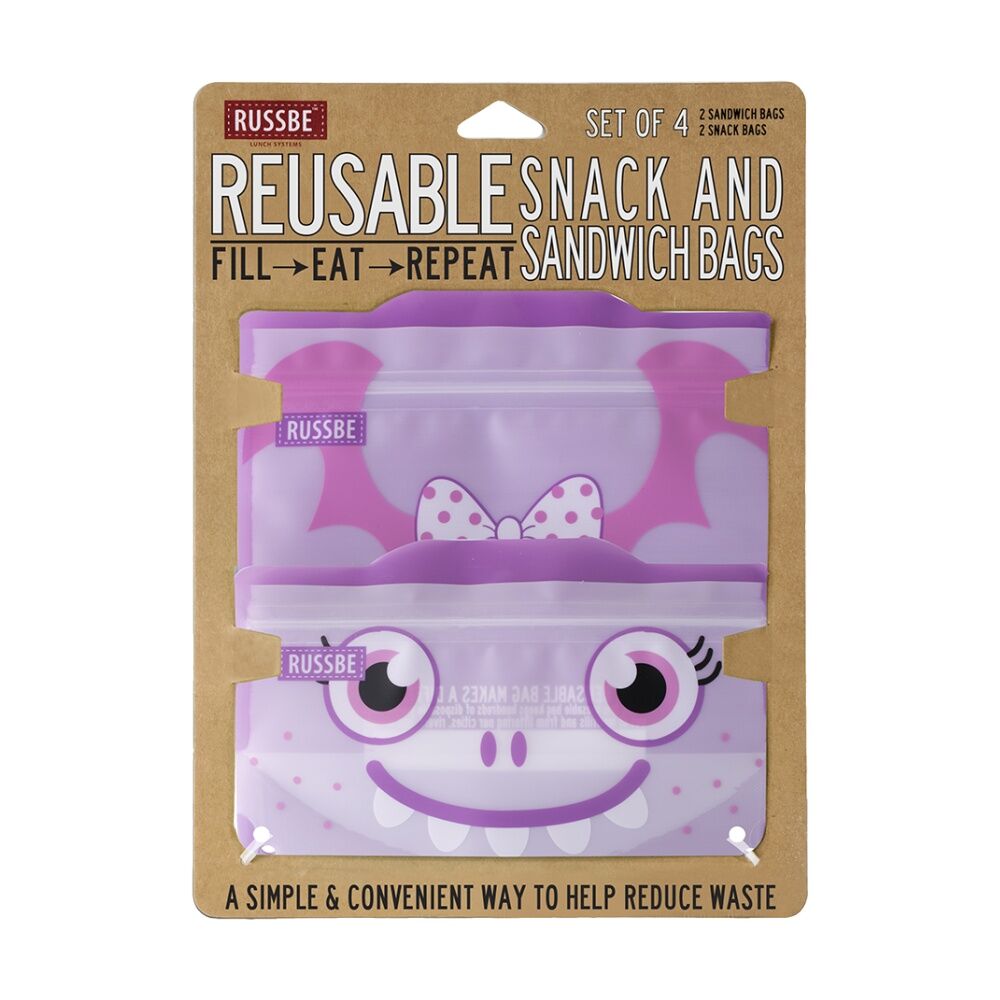 2x 4pc Russbe Reusable Locking Seal Snack Sandwich Bags Set Purple Monster