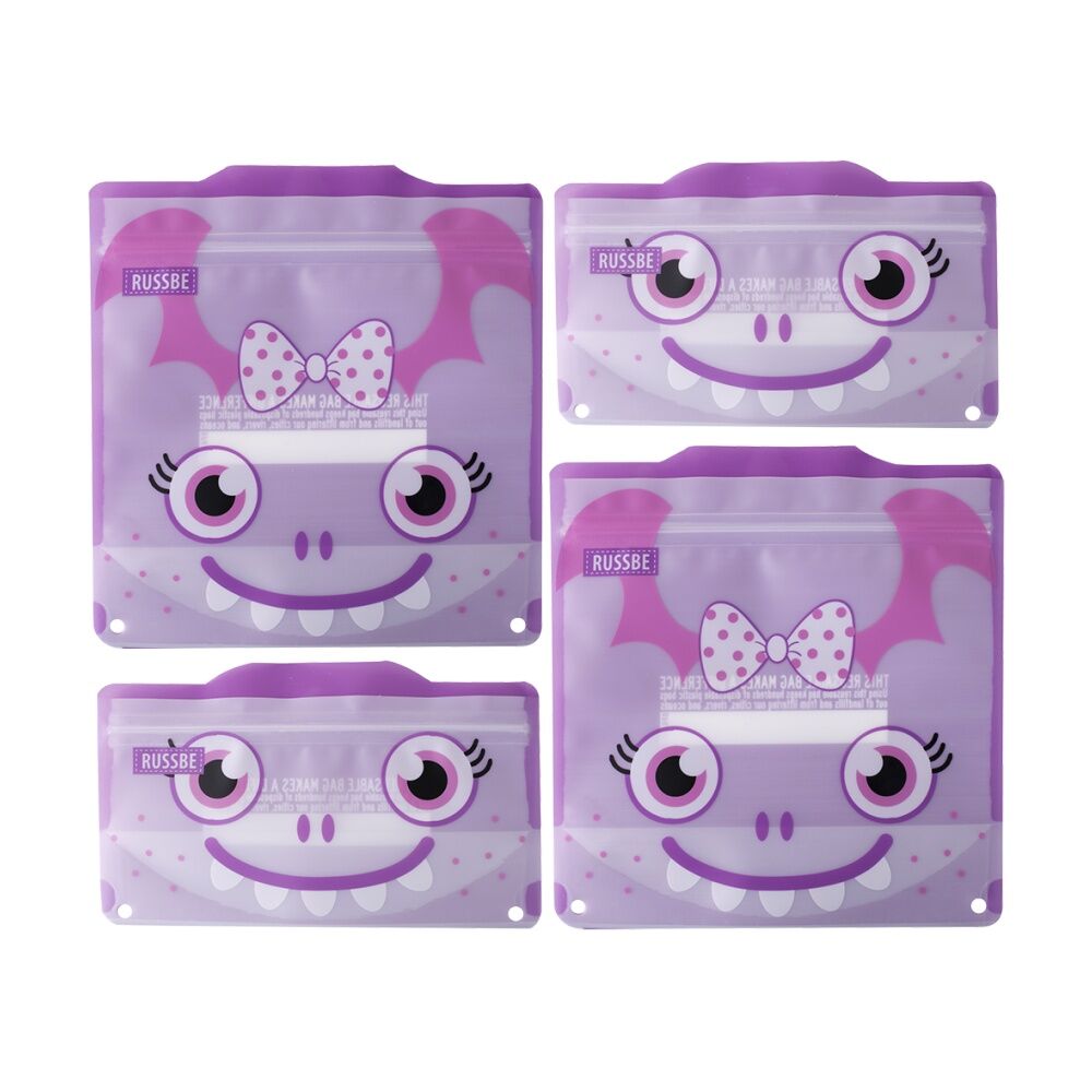 2x 4pc Russbe Reusable Locking Seal Snack Sandwich Bags Set Purple Monster