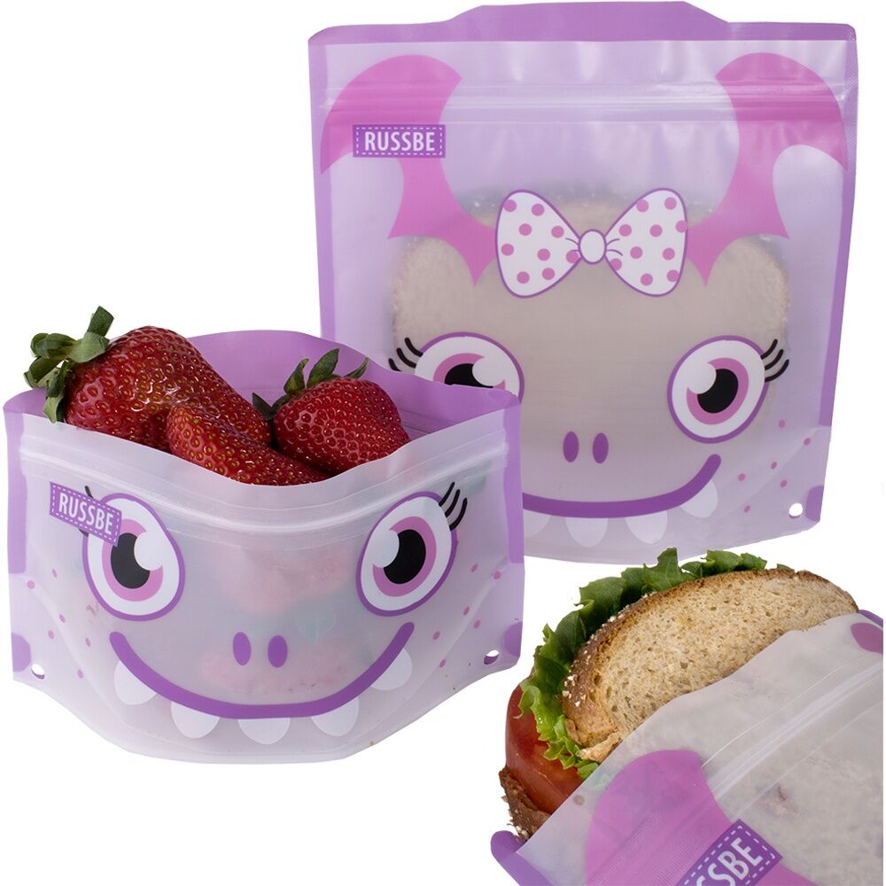 2x 4pc Russbe Reusable Locking Seal Snack Sandwich Bags Set Purple Monster