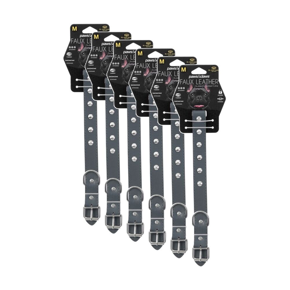 6x Paws And Claws Studded Leather-Look Padded Dog Collar Medium 35-50cm Assorted
