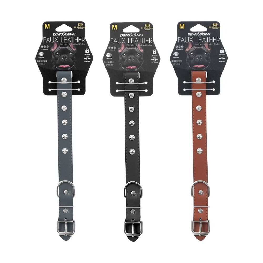 6x Paws And Claws Studded Leather-Look Padded Dog Collar Medium 35-50cm Assorted